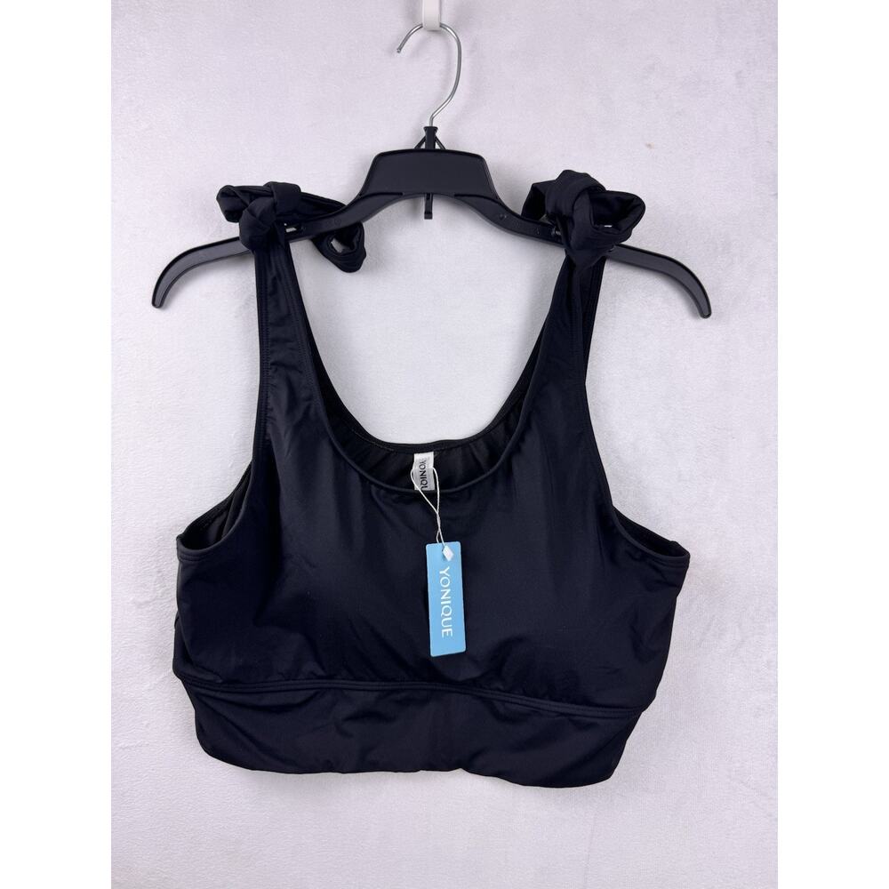 Yonique Women’s Black Bikini Top Scoop Neck Tie Shoulder Swim Top XL NWT